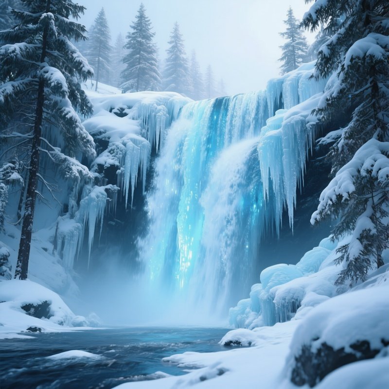 A Frozen Waterfall In Deep Winter, Icicles Glistening, Pale Blue Light Reflecting Off The Ice, Snow