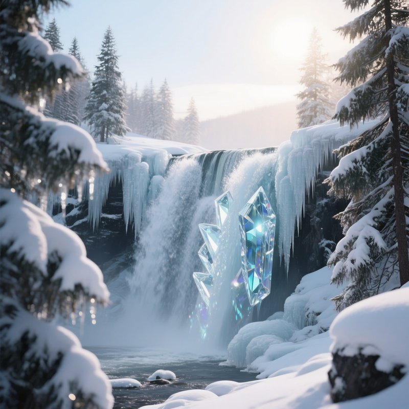 A Frozen Waterfall In Winter, Icicles Glittering Like Glass Prisms Under A Pale Winter Sun, With