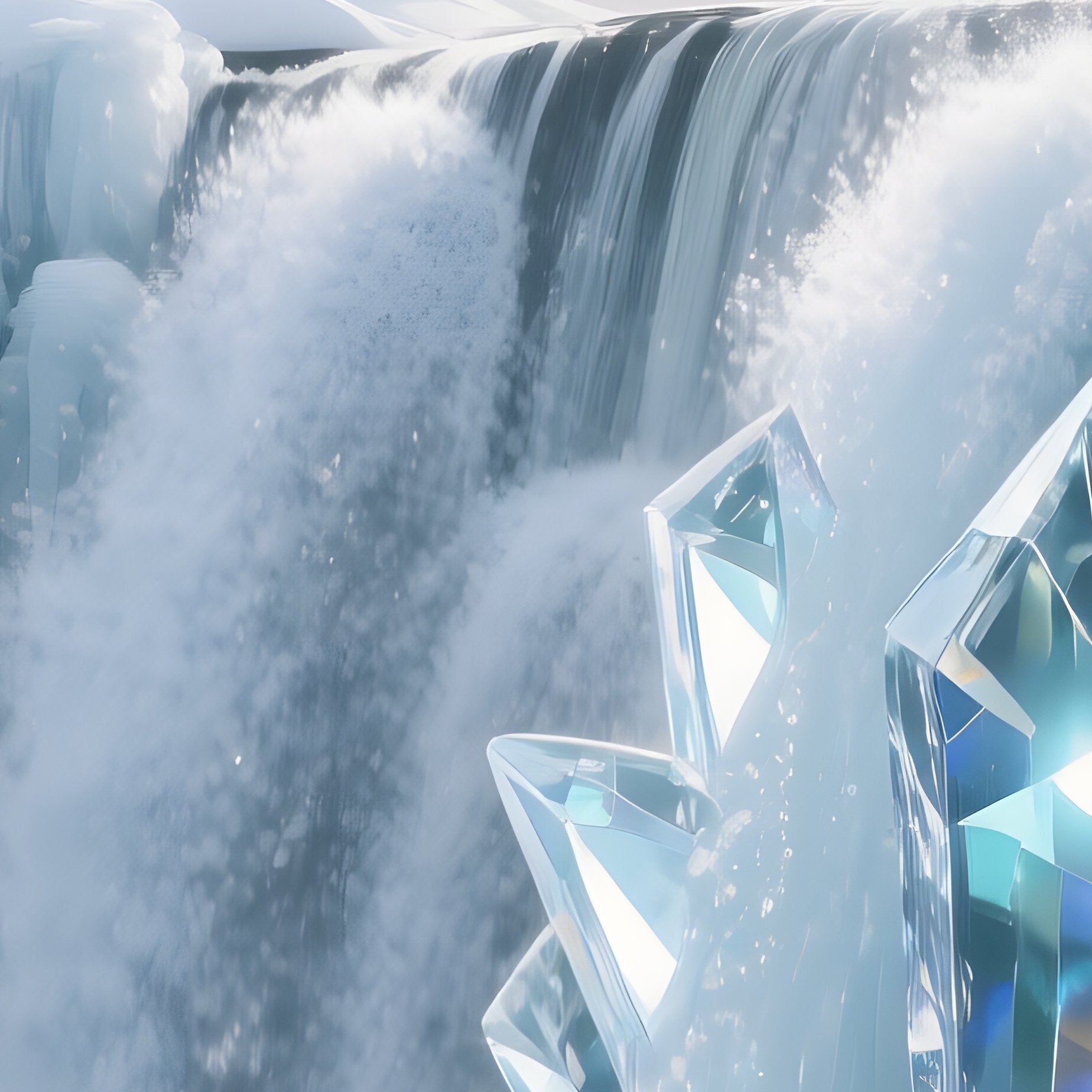 A Frozen Waterfall In Winter, Icicles Glittering Like Glass Prisms Under A Pale Winter Sun, With - Full Resolution Quality Preview