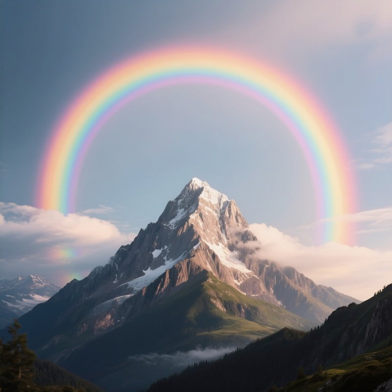 A Full Halo Rainbow Forming Around A Mountain Peak.