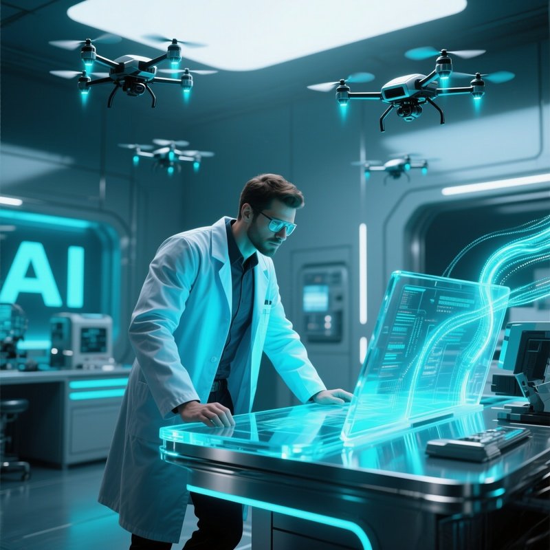 A Futuristic Ai Lab With Floating Drones Buzzing, A Six‑Pack Researcher In A Fitted Lab Coat