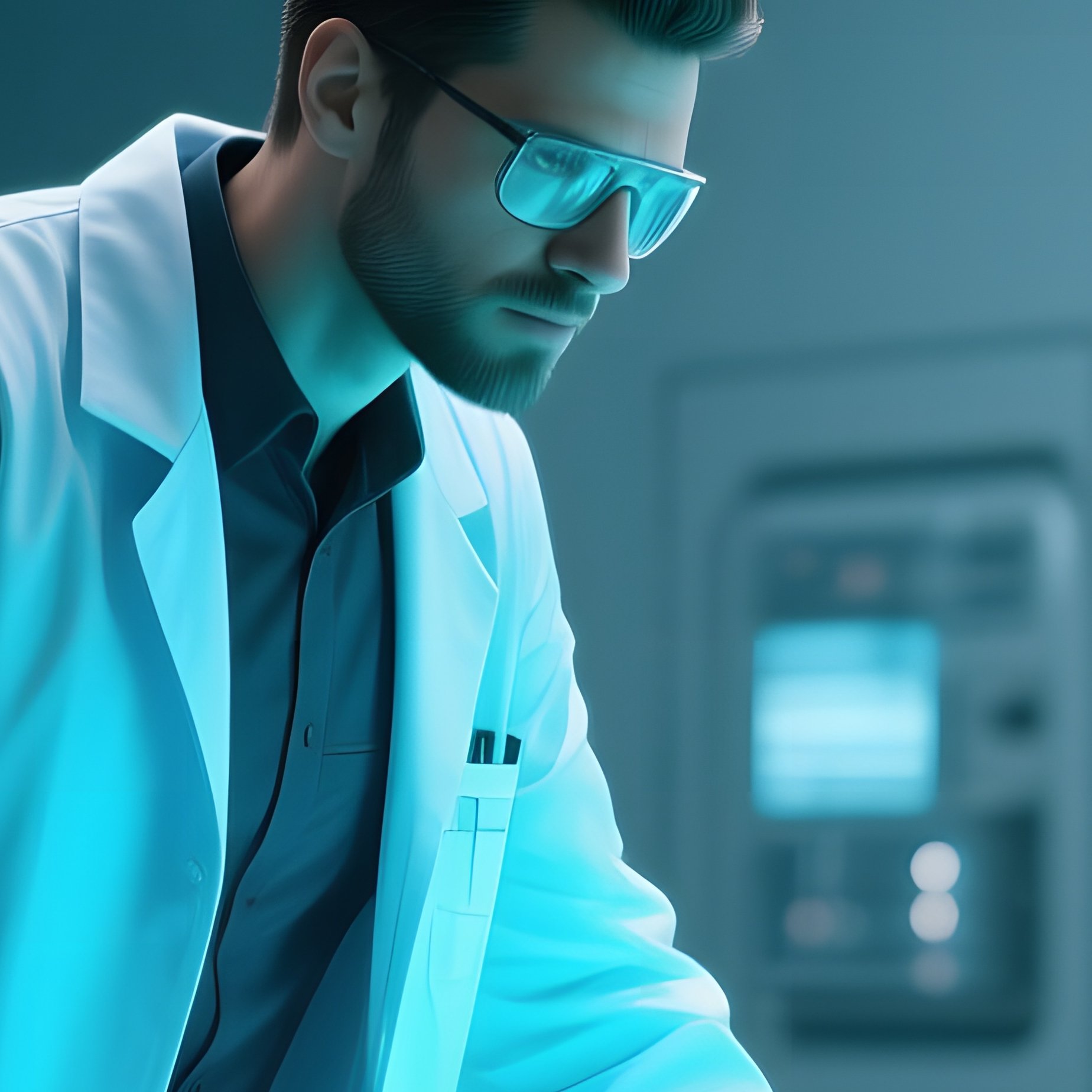 A Futuristic Ai Lab With Floating Drones Buzzing, A Six‑Pack Researcher In A Fitted Lab Coat - Full Resolution Quality Preview