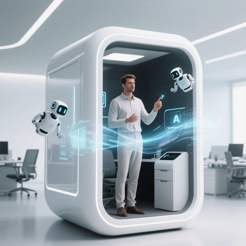 A Futuristic Autonomous Office Pod With Ai Assistants Hovering, A Toned Man In A Minimalist Outfit