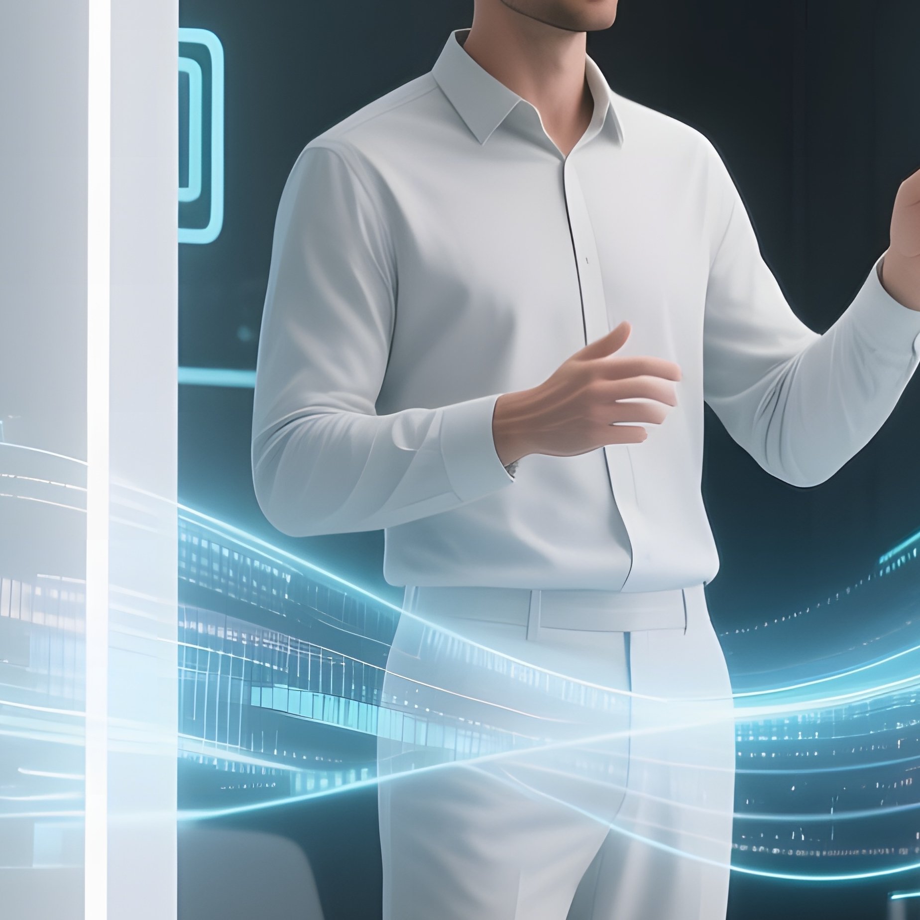 A Futuristic Autonomous Office Pod With Ai Assistants Hovering, A Toned Man In A Minimalist Outfit - Full Resolution Quality Preview