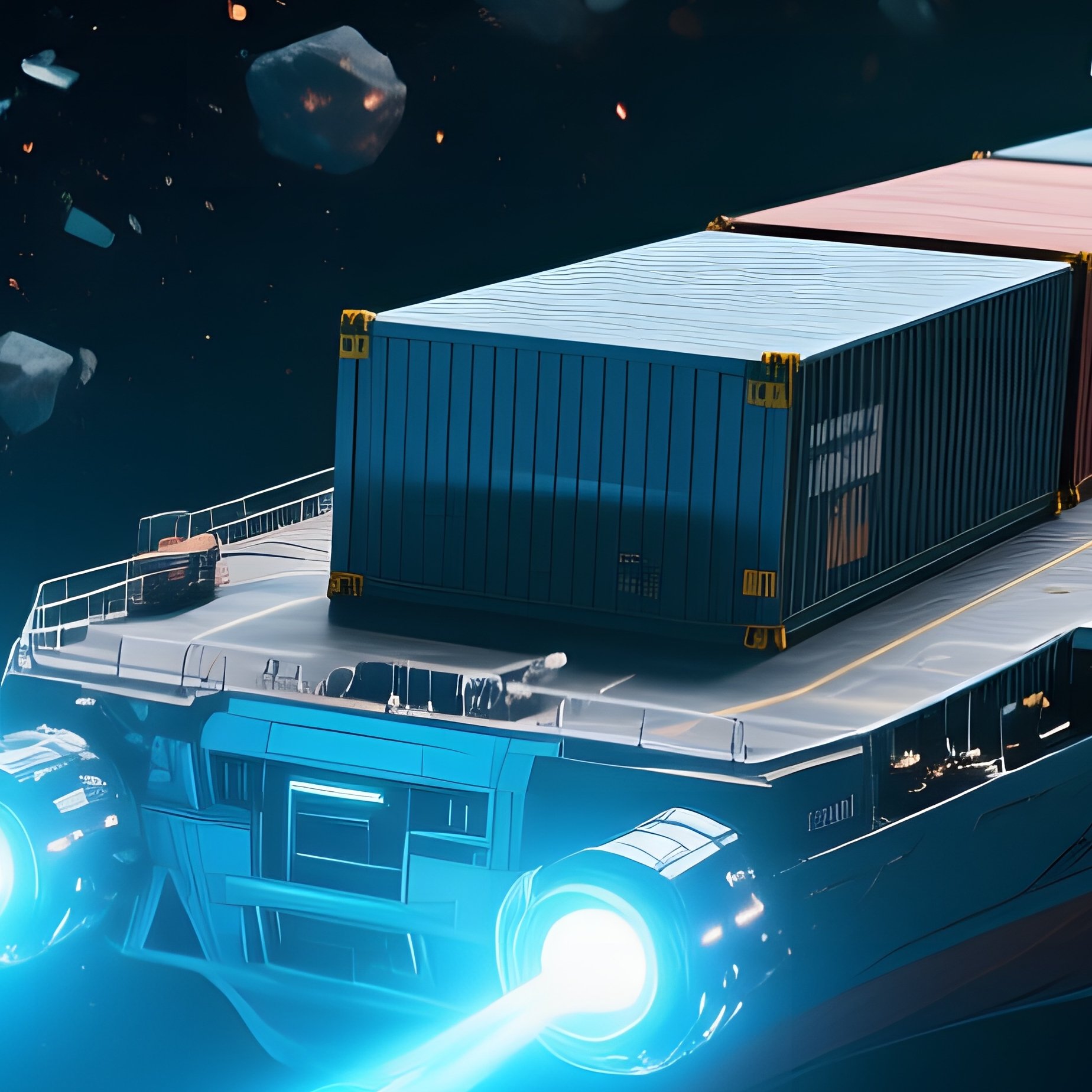 A Futuristic Cargo Ship Weaves Through A Chaotic Cluster Of Glowing Comets And Rocky Fragments, - Full Resolution Quality Preview