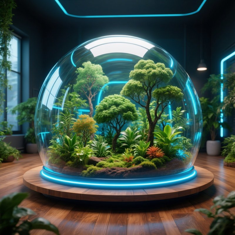A Futuristic Circular Glass Dome Filled With Lush Greenery