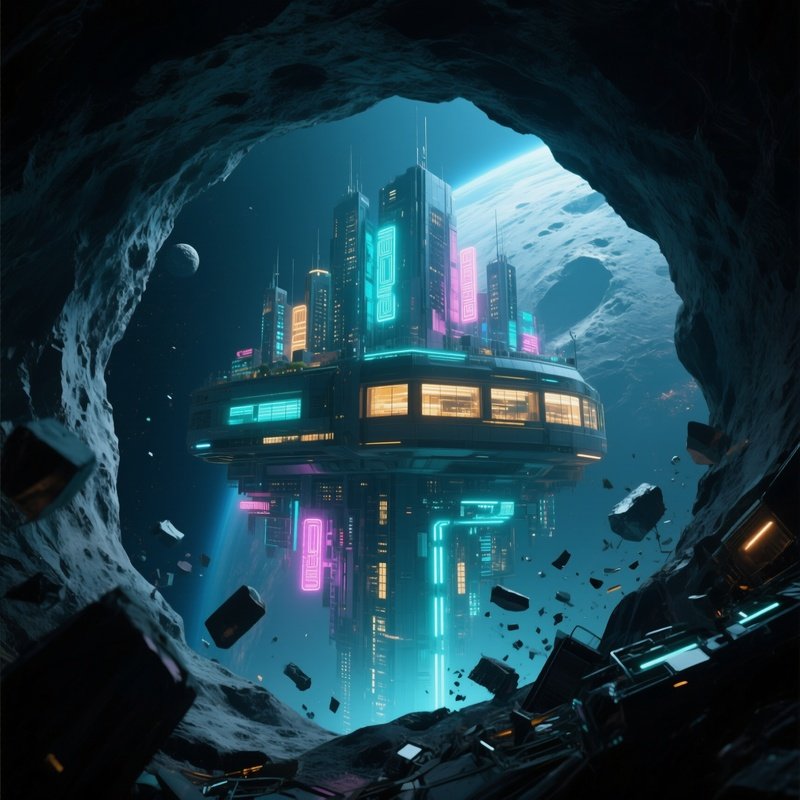 A Futuristic City Built Into The Hollow Interior Of A Massive Asteroid, Glowing Windows And Neon