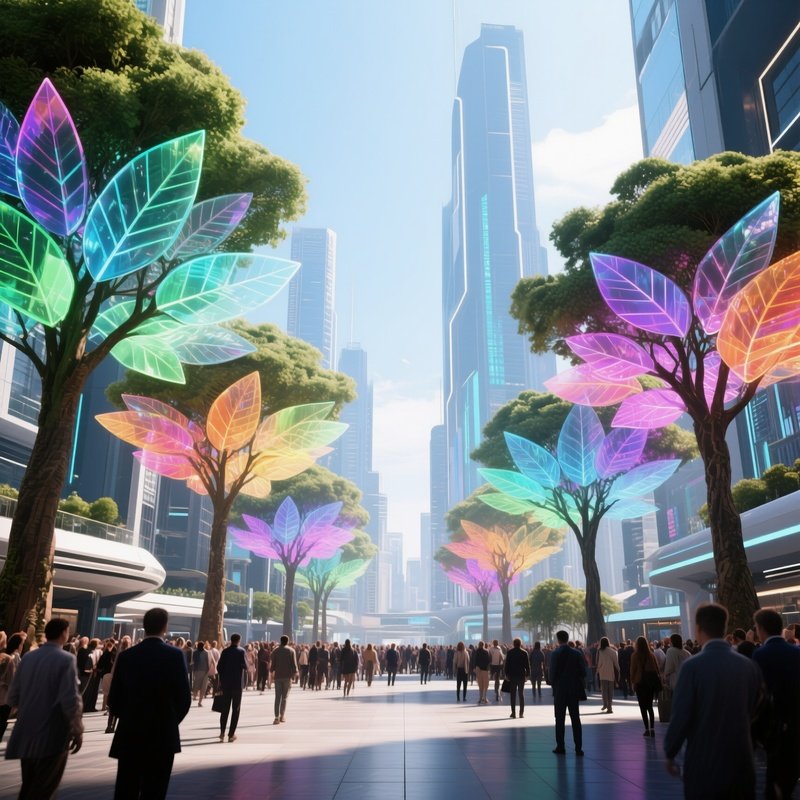 A Futuristic City Plaza At Midday, Towering Holographic Trees Project Shifting Colors Onto The