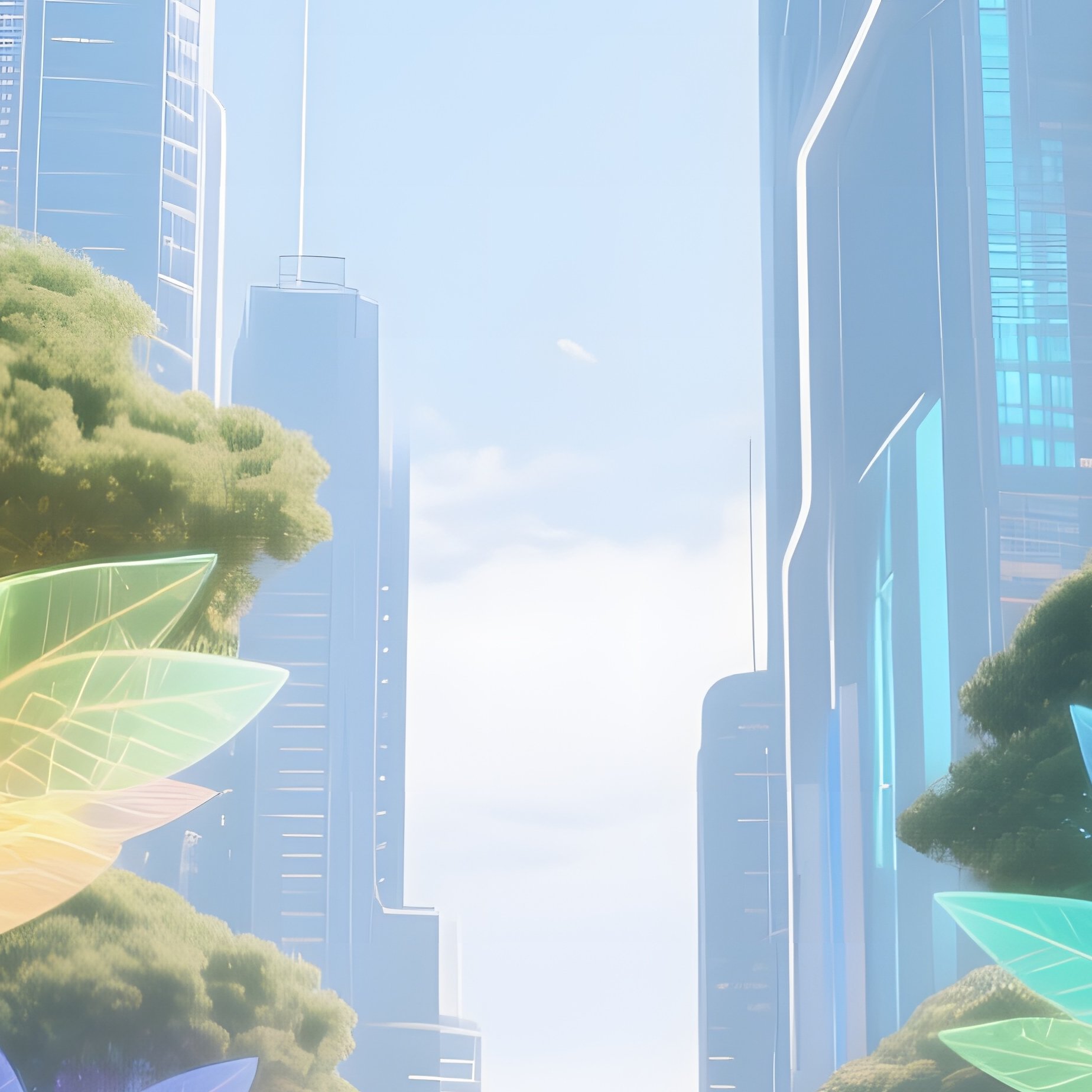 A Futuristic City Plaza At Midday, Towering Holographic Trees Project Shifting Colors Onto The - Full Resolution Quality Preview
