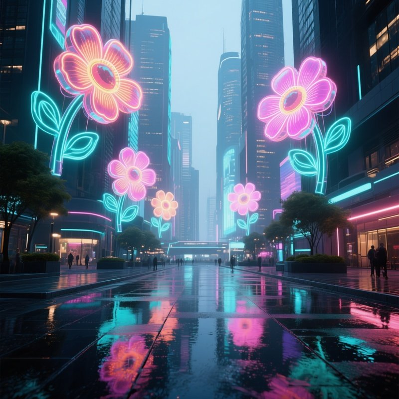 A Futuristic City Plaza With Holographic Pop‑Art Flower Installations Hovering Above Ground, Neon
