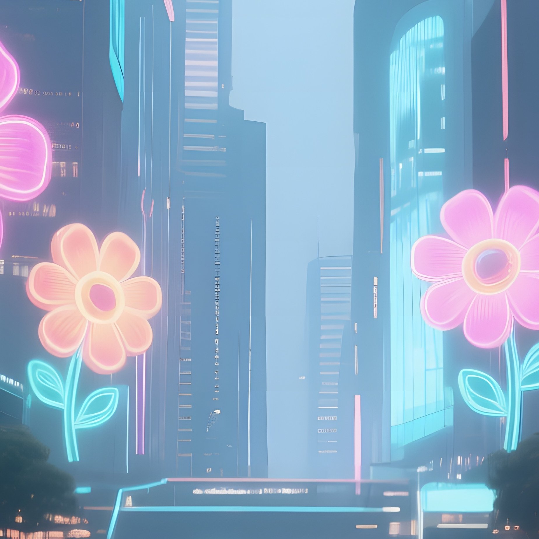 A Futuristic City Plaza With Holographic Pop‑Art Flower Installations Hovering Above Ground, Neon - Full Resolution Quality Preview