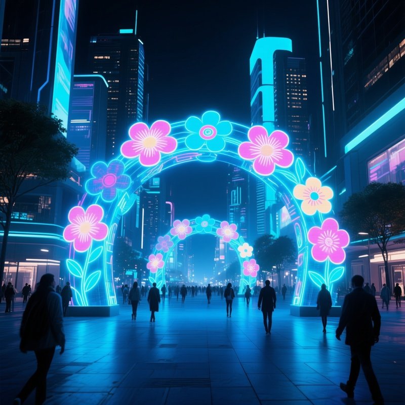 A Futuristic City Square At Night With Holographic Pop‑Art Flower Arches Projecting Neon Patterns,
