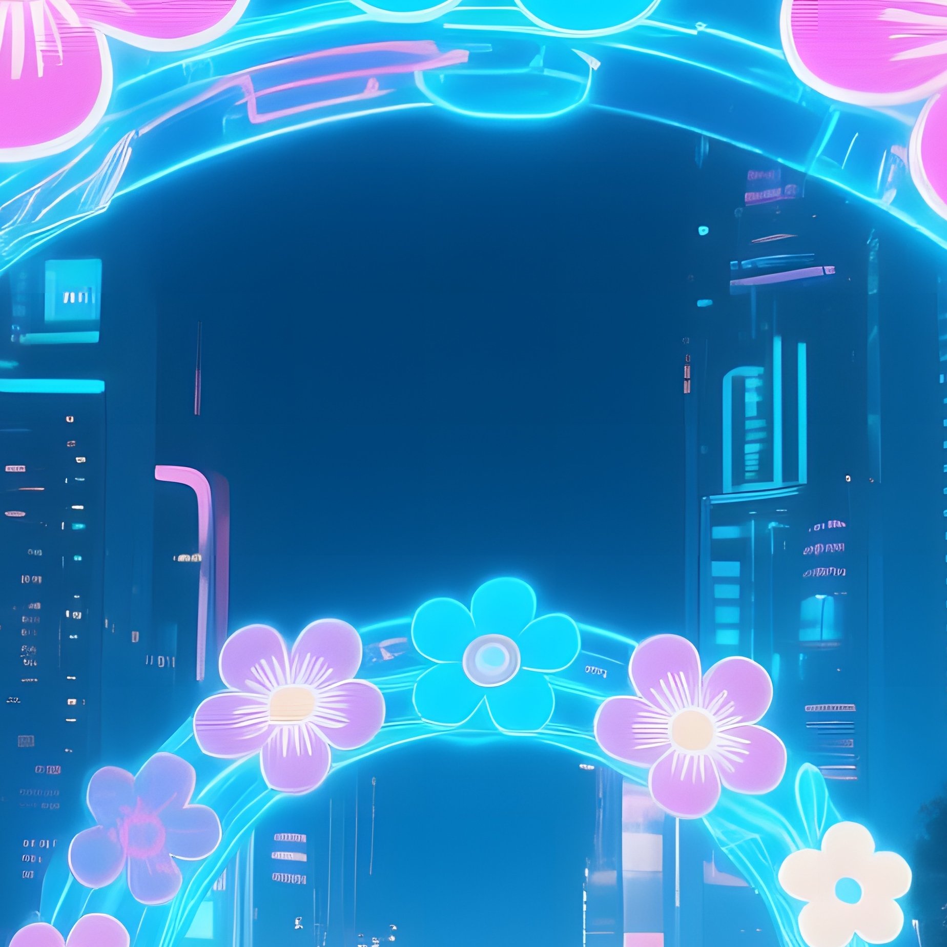 A Futuristic City Square At Night With Holographic Pop‑Art Flower Arches Projecting Neon Patterns, - Full Resolution Quality Preview