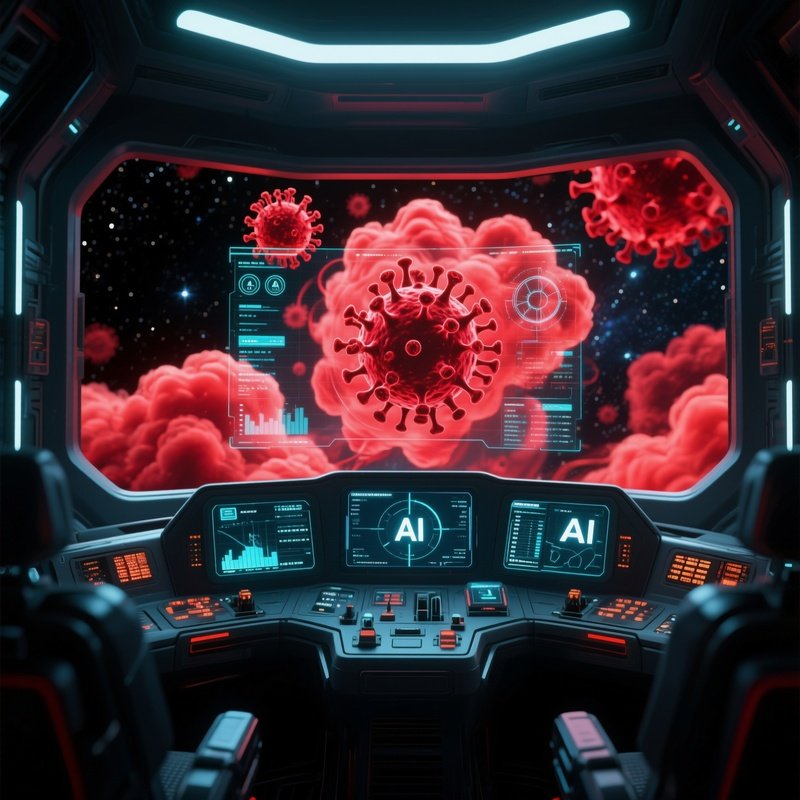 A Futuristic Cockpit Of A Spacecraft, Where An Alarmed Ai Displays Swirling Red Virus Clouds
