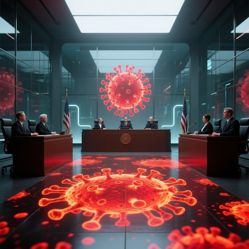 A Futuristic Courtroom With Glass Walls, Jurors Watching As A Projected Virus Simulation Expands In