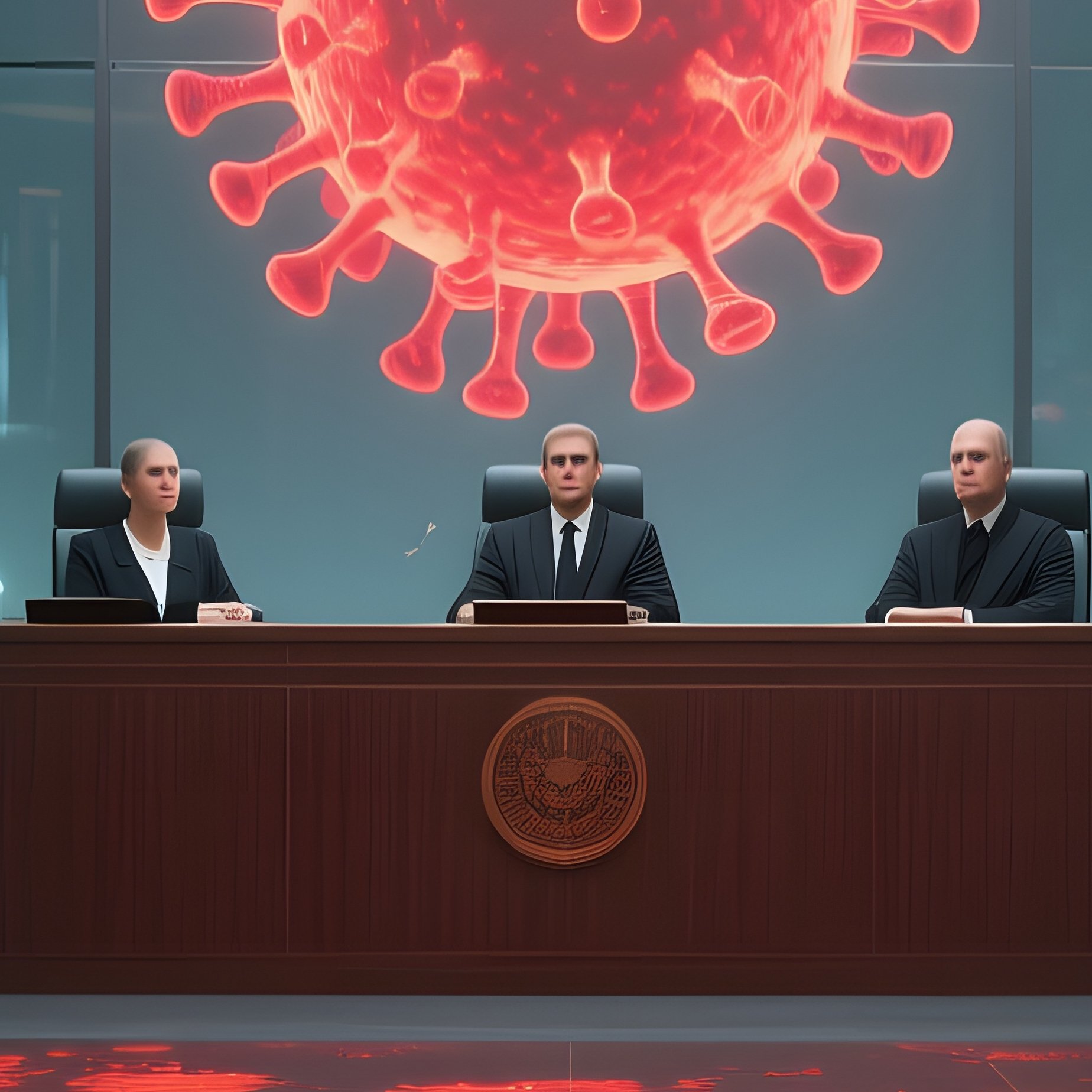 A Futuristic Courtroom With Glass Walls, Jurors Watching As A Projected Virus Simulation Expands In - Full Resolution Quality Preview