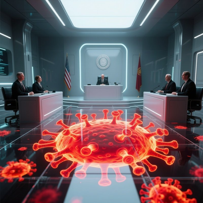 A Futuristic Courtroom With Transparent Floors, Jurors Observing As A 3D Projection Of A Virus