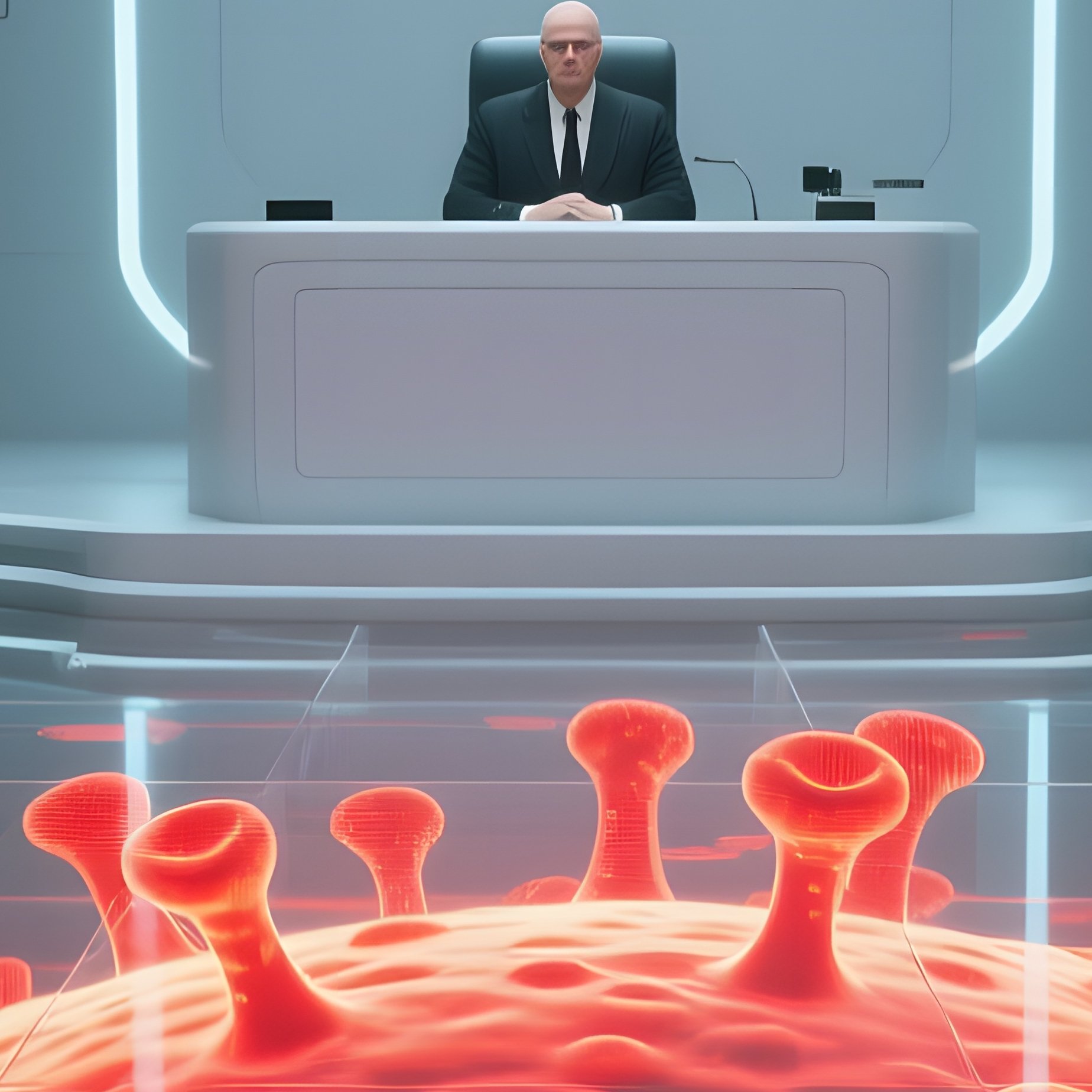 A Futuristic Courtroom With Transparent Floors, Jurors Observing As A 3D Projection Of A Virus - Full Resolution Quality Preview