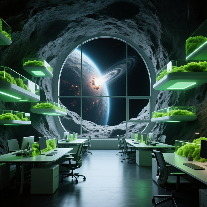 A Futuristic Coworking Space Inside A Hollowed Out Asteroid, Walls Lined With Floating
