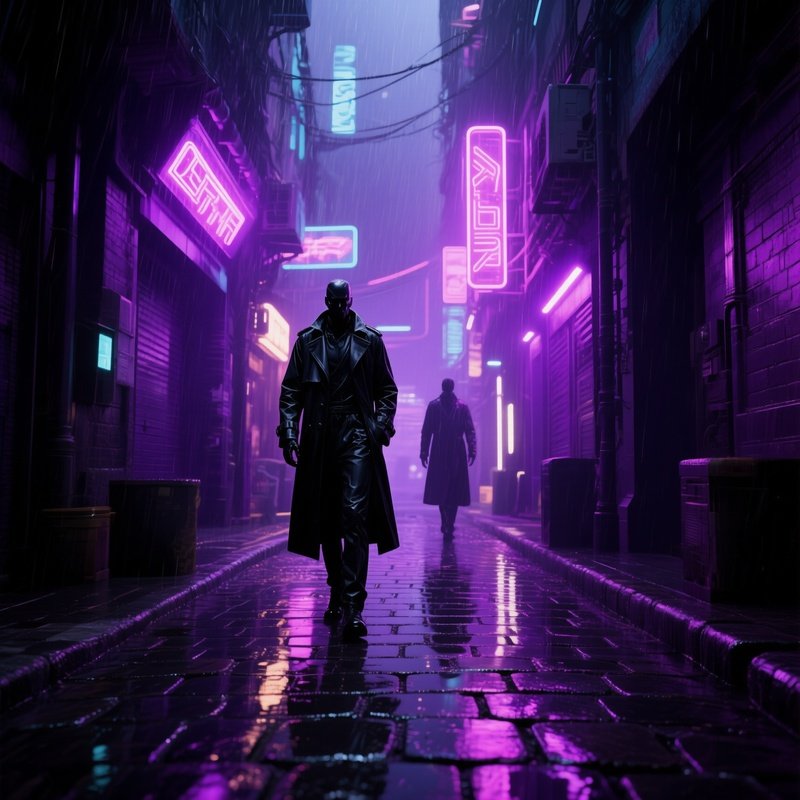 A Futuristic Cyberpunk Alleyway Drenched In Rain, Neon Signs Reflected On Slick Cobblestones,