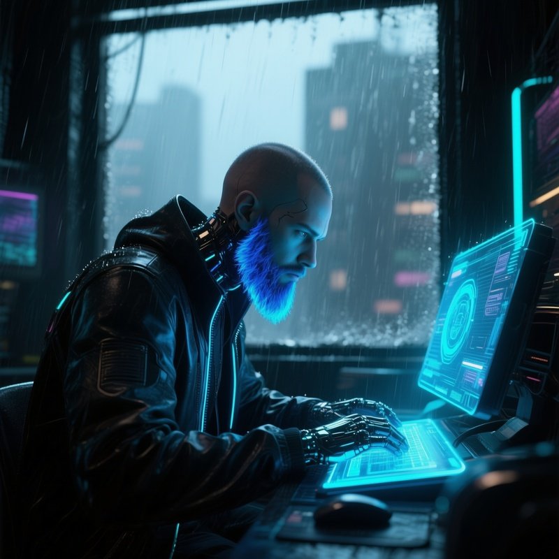 A Futuristic Cyberpunk Hacker With Neon‑Blue Highlights Woven Into His Shaved Beard Works At A