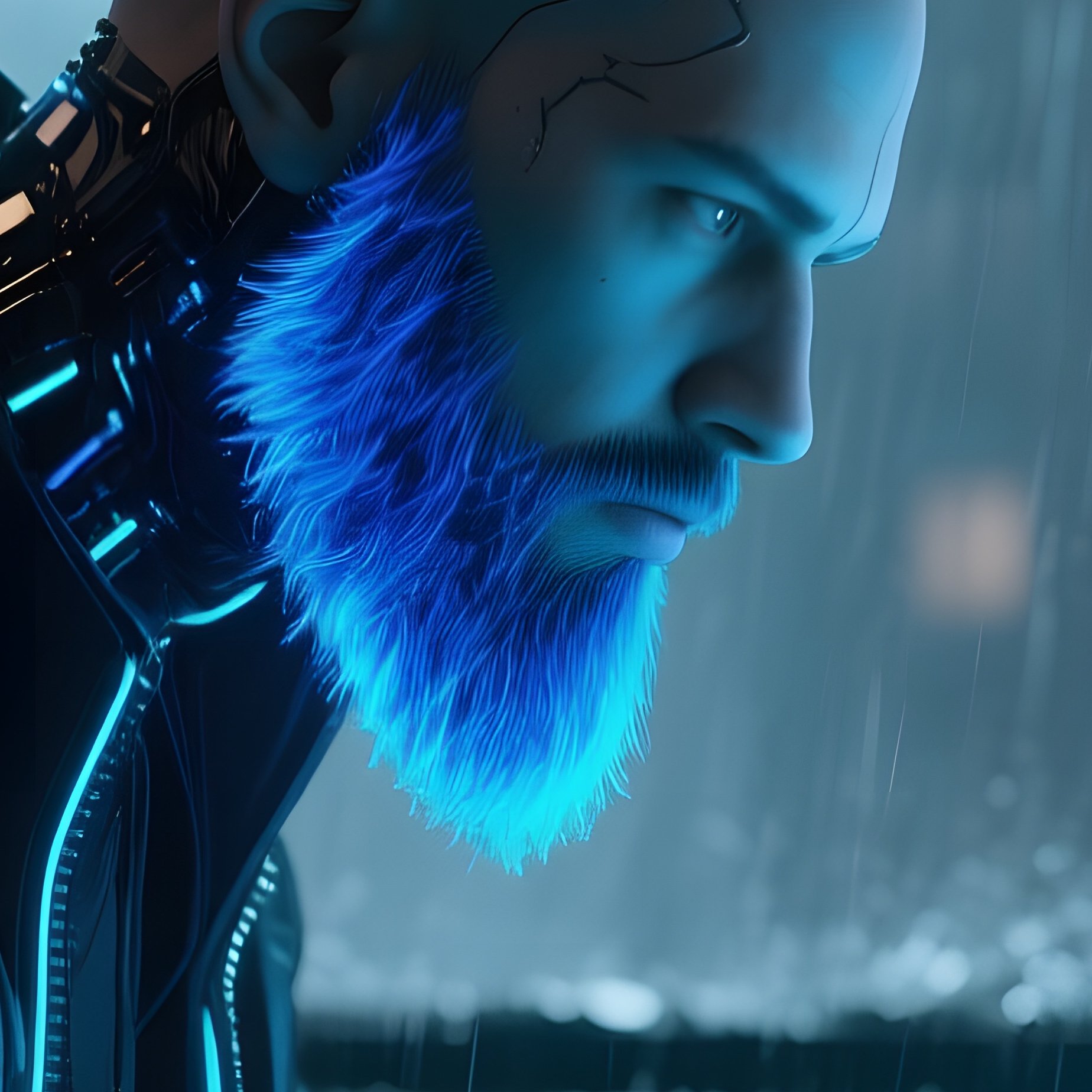 A Futuristic Cyberpunk Hacker With Neon‑Blue Highlights Woven Into His Shaved Beard Works At A - Full Resolution Quality Preview