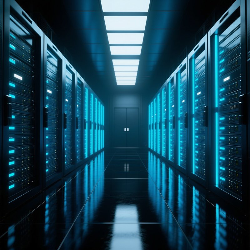 A Futuristic Data Center With Rows Of Glowing Server Racks Emitting Cool Blue Light, Reflected On