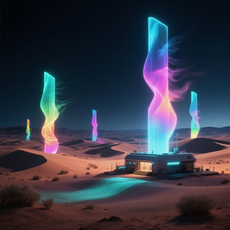 A Futuristic Desert Outpost At Night, Where Sand Dunes Are Dotted With Towering Holographic