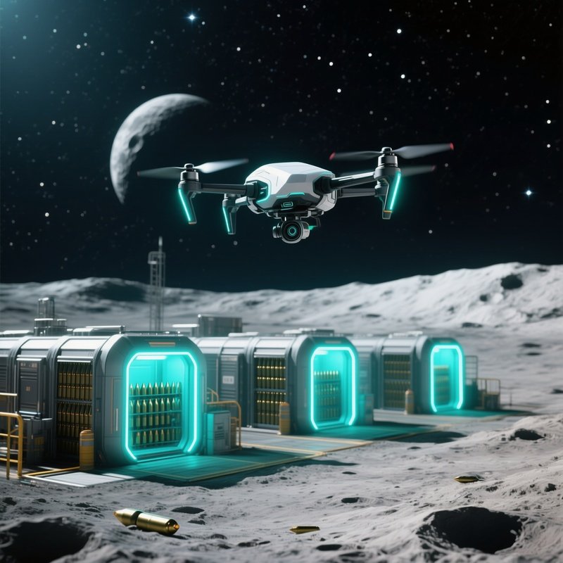 A Futuristic Drone Hovering Over An Ammo Depot On A Barren Moon Landscape, Neon Lit Storage Pods