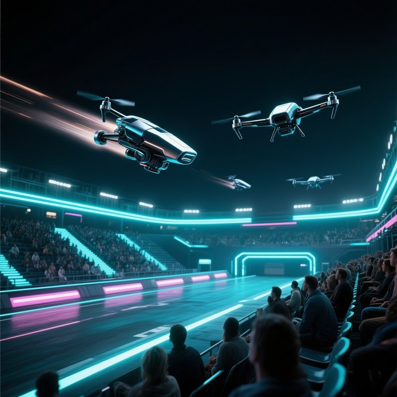 A Futuristic Drone Racing Arena Illuminated By Neon Strips, Sleek Drones Made Of Metallic Clay