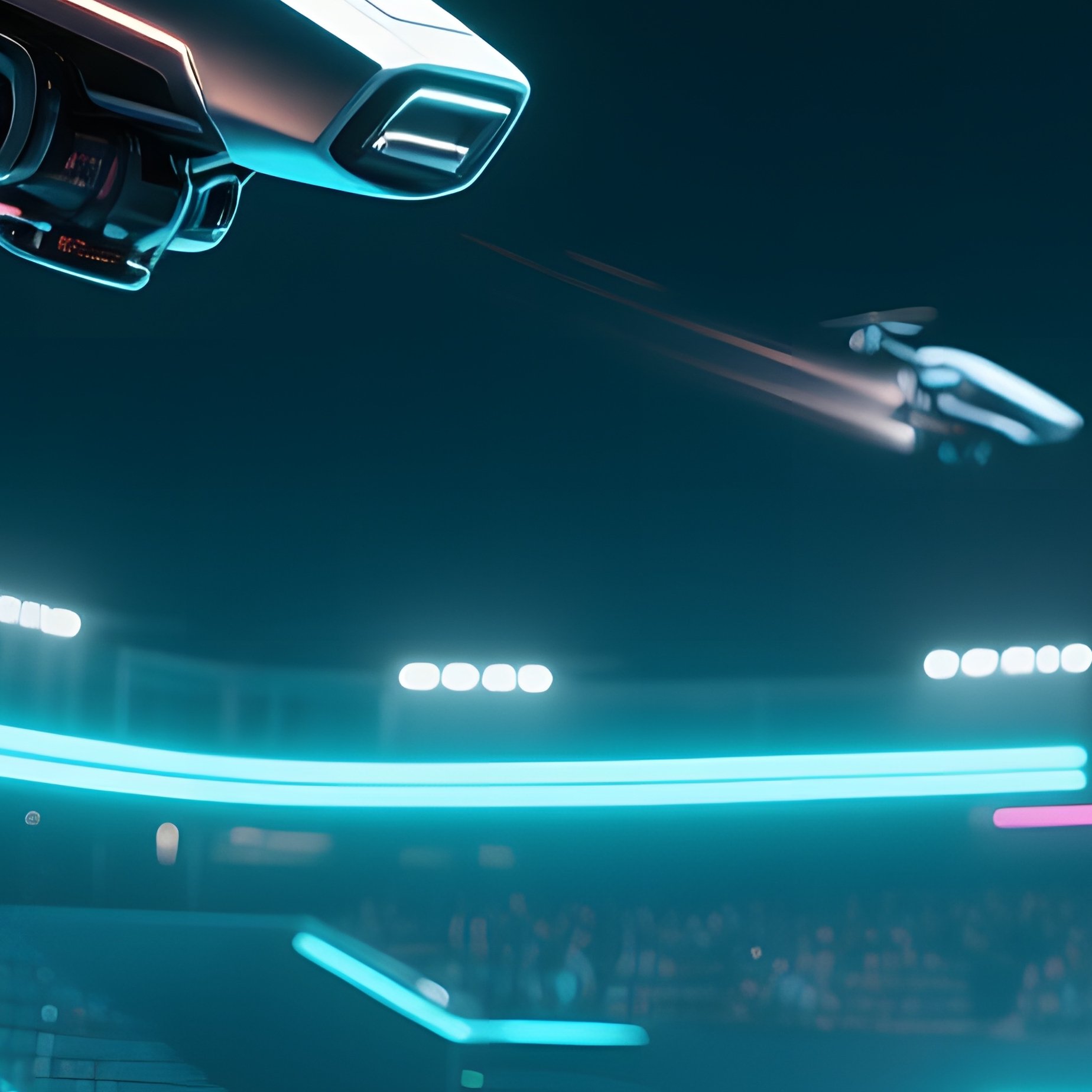 A Futuristic Drone Racing Arena Illuminated By Neon Strips, Sleek Drones Made Of Metallic Clay - Full Resolution Quality Preview