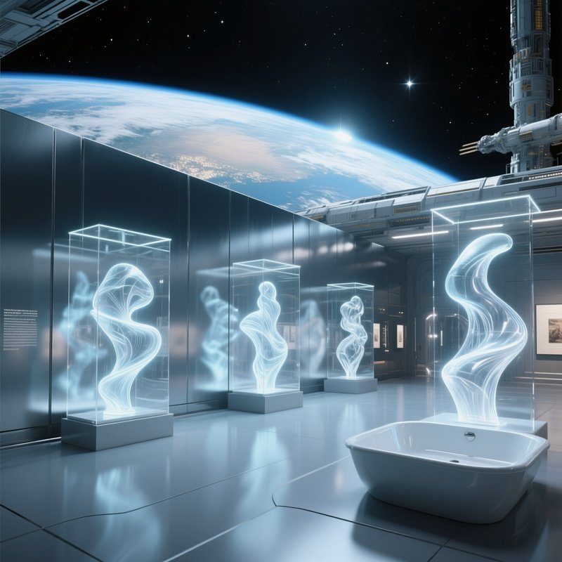 A Futuristic Gallery On A Space Station Orbiting Earth, Walls Of Transparent Aluminum Displaying