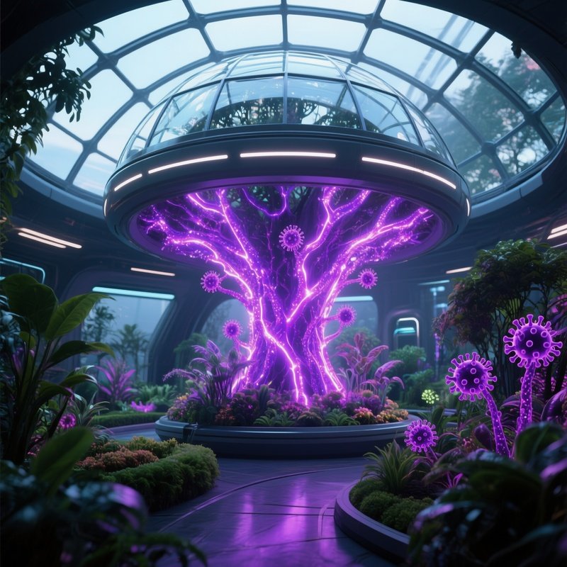 A Futuristic Garden Dome Under A Glass Ceiling, Where Bioluminescent Plants Are Infected With