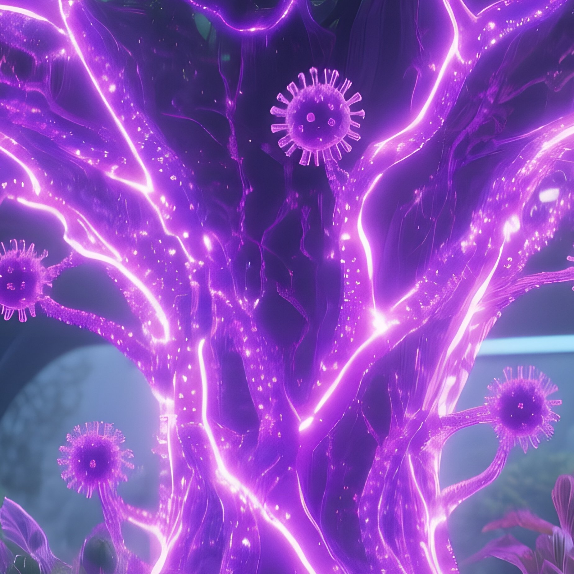 A Futuristic Garden Dome Under A Glass Ceiling, Where Bioluminescent Plants Are Infected With - Full Resolution Quality Preview