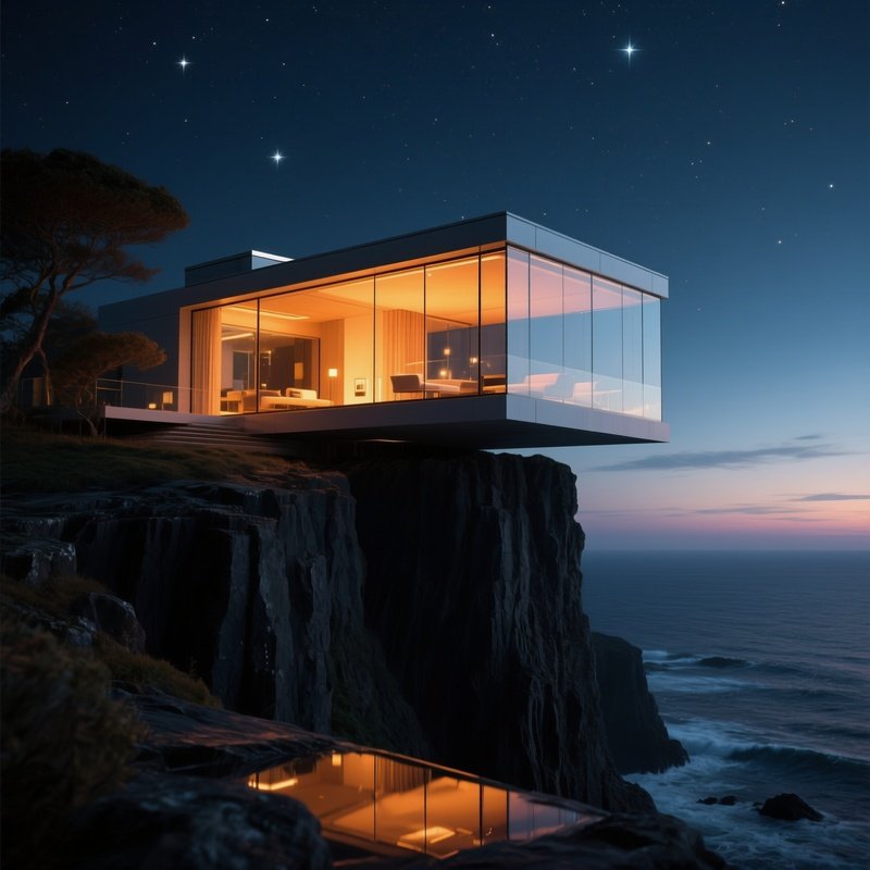 A Futuristic Glass‑Capped Home Built Into A Cliff Of Dark Basalt, Its Interior Glowing Warm Amber