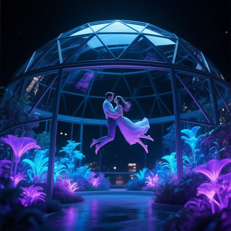 A Futuristic Glass Dome Greenhouse At Night, Bioluminescent Plants Casting Ethereal Blues And