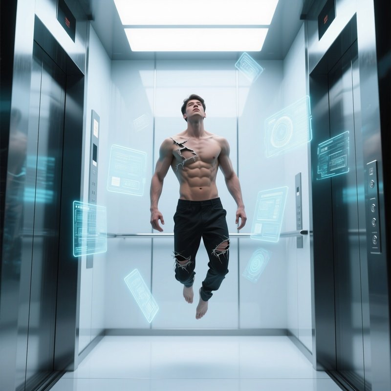 A Futuristic Glass Elevator Interior, A Ripped Male Model Floating Weightlessly, Surrounded By