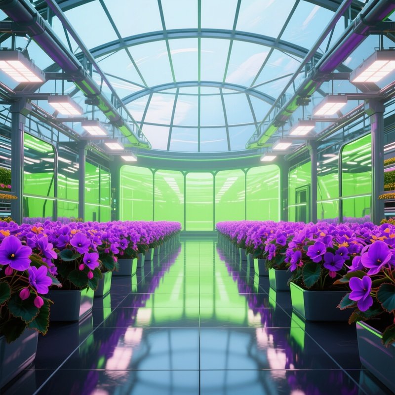 A Futuristic Greenhouse Dome With Climate‑Controlled Lighting, Rows Of Pop‑Art Begonias In Electric