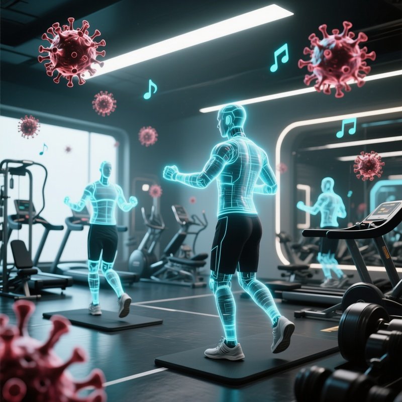 A Futuristic Gym With Holographic Trainers, Where Digital Virus Particles Float Around The