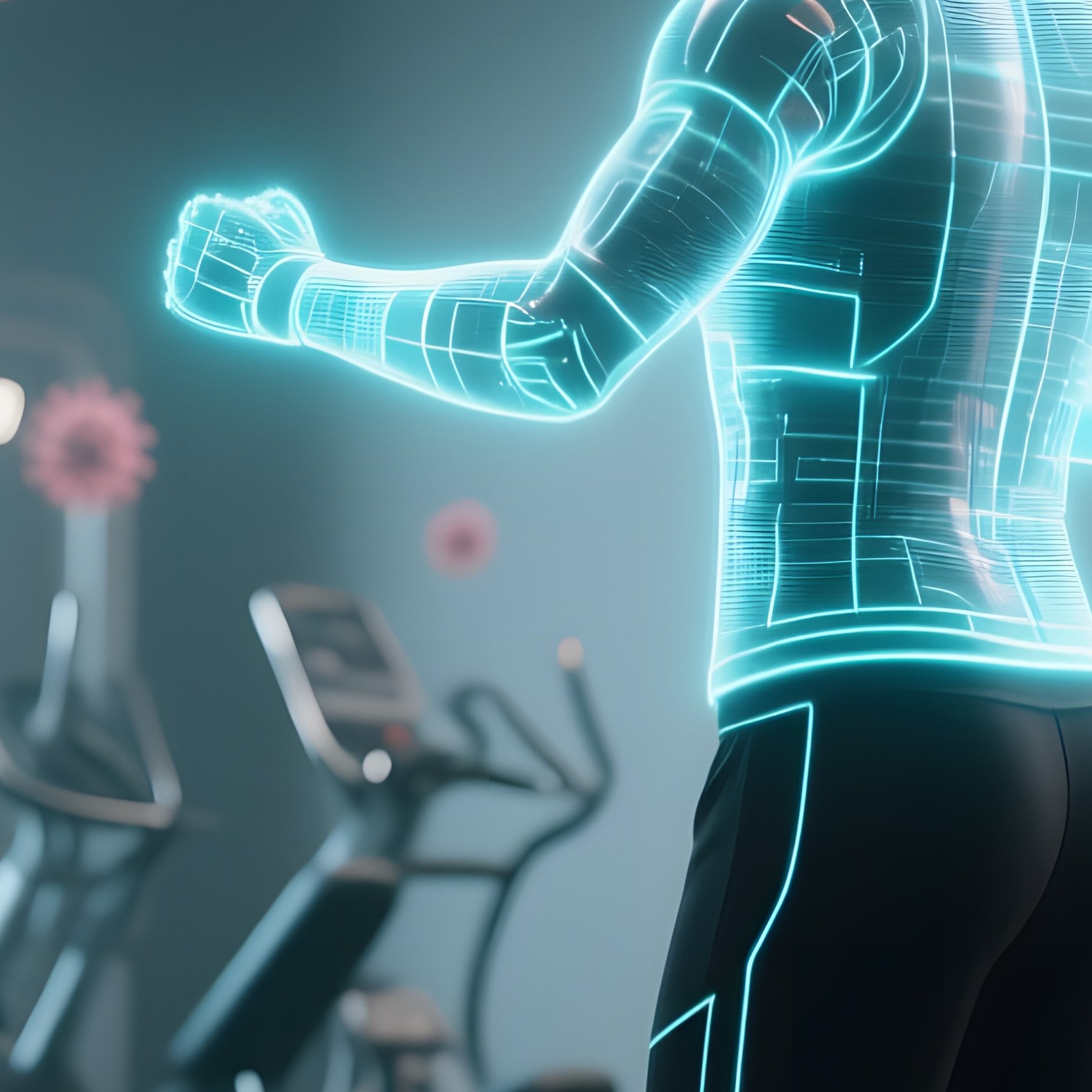 A Futuristic Gym With Holographic Trainers, Where Digital Virus Particles Float Around The - Full Resolution Quality Preview