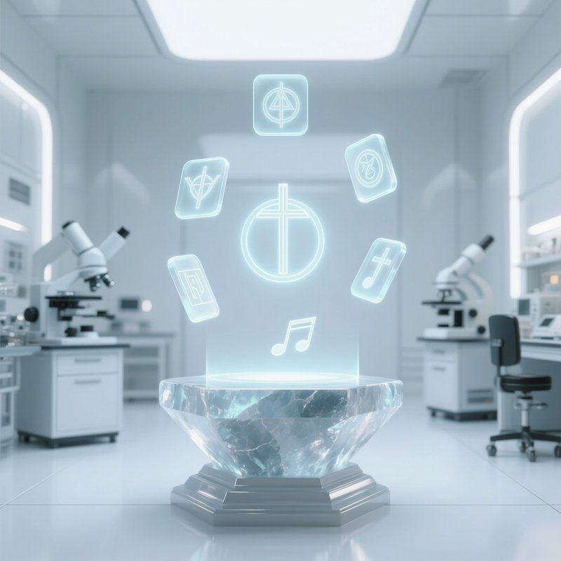 A Futuristic Holographic Altar In A White Sterile Lab, Floating Translucent Icons Of Sacred Symbols