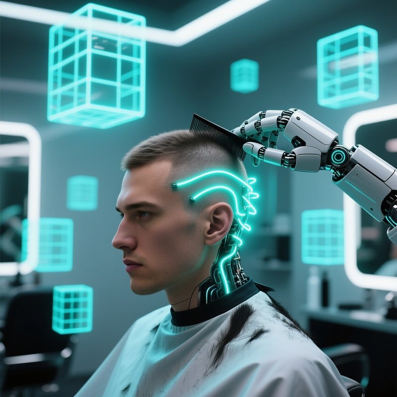A Futuristic Holographic Salon Where Neon Grids Float Around; A Cybernetic Man Has Glowing Led
