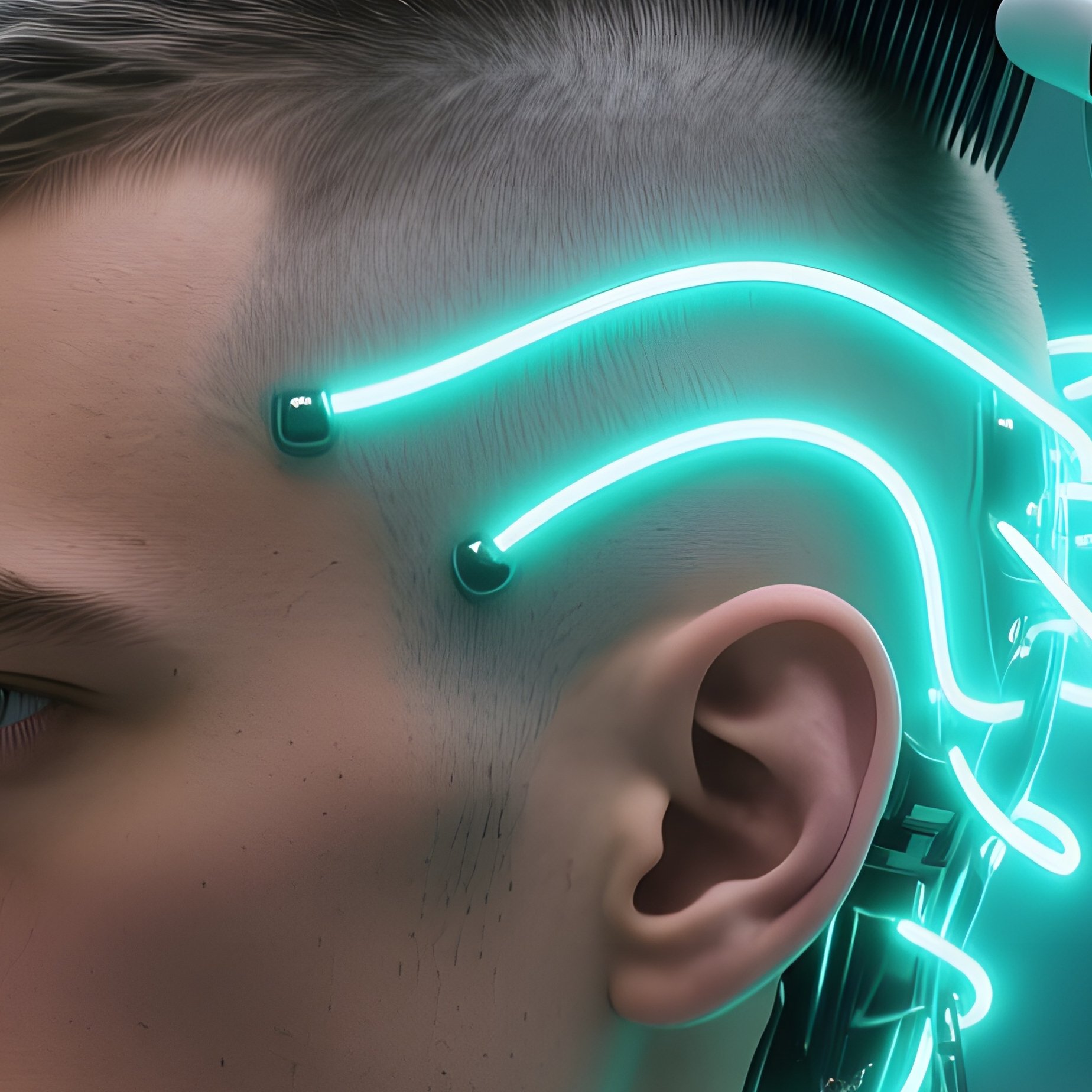 A Futuristic Holographic Salon Where Neon Grids Float Around; A Cybernetic Man Has Glowing Led - Full Resolution Quality Preview