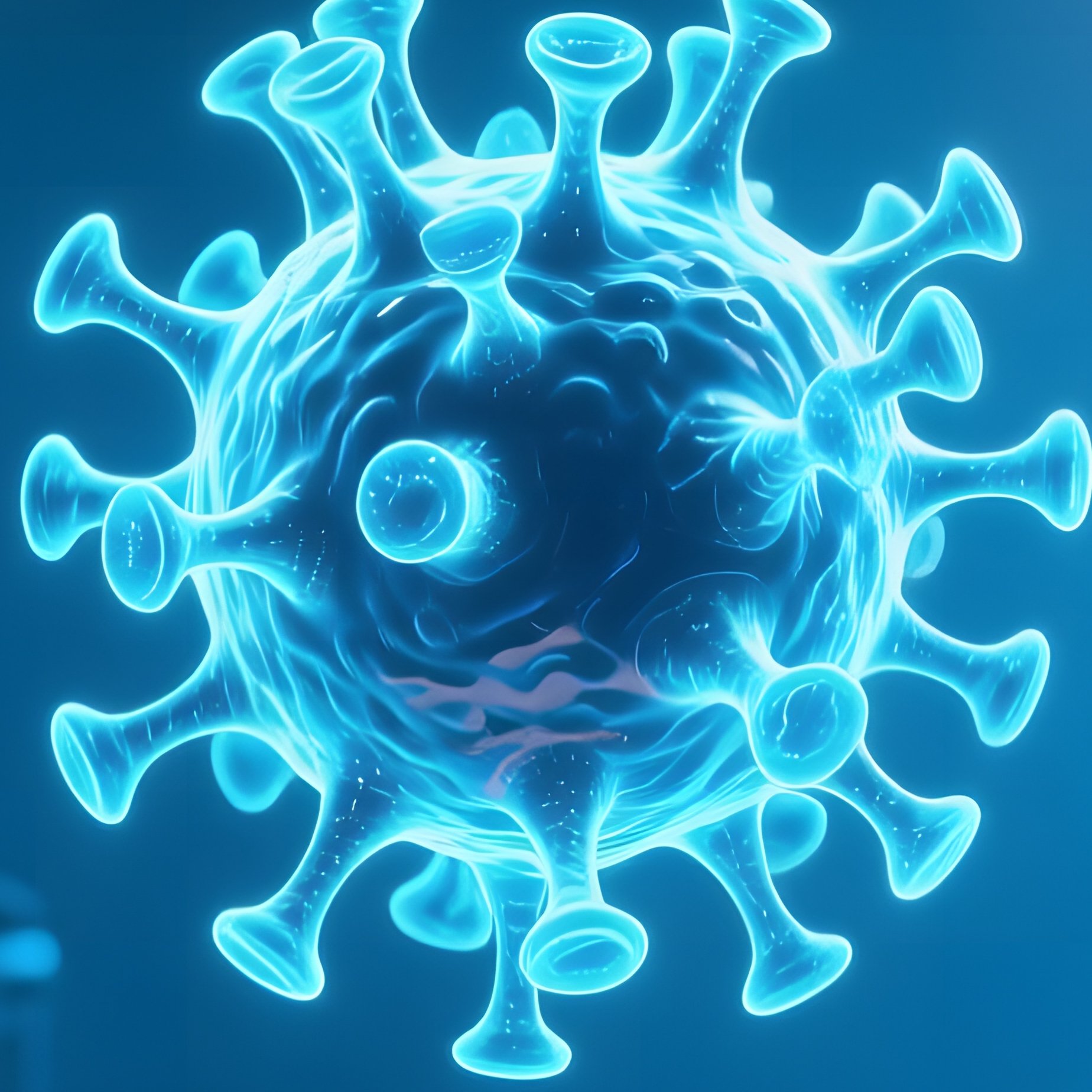 A Futuristic Hospital Operating Room Bathed In Cool Blue Light, Where A Holographic Virus Organism - Full Resolution Quality Preview