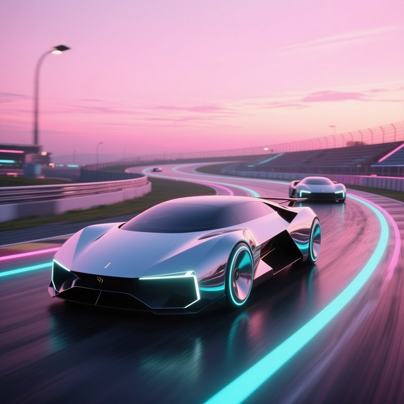 A Futuristic Hovercar Race Track At Dawn, Sleek Vehicles Rendered In Reflective Chrome‑Tone Clay,