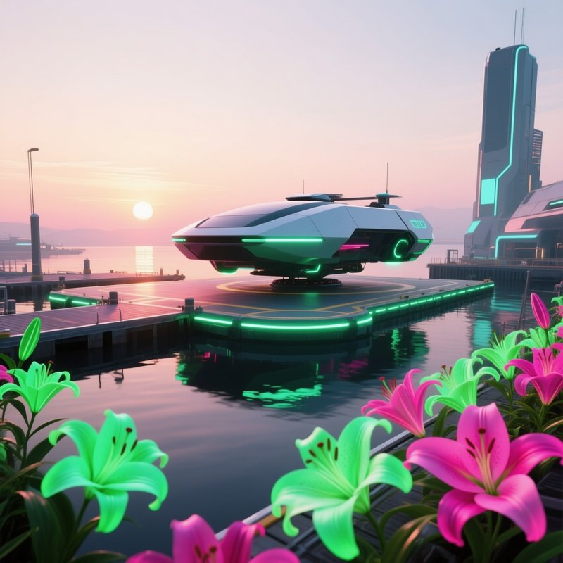 A Futuristic Hovercraft Dock At Sunrise, Landing Pads Surrounded By Glowing Pop‑Art Lilies In