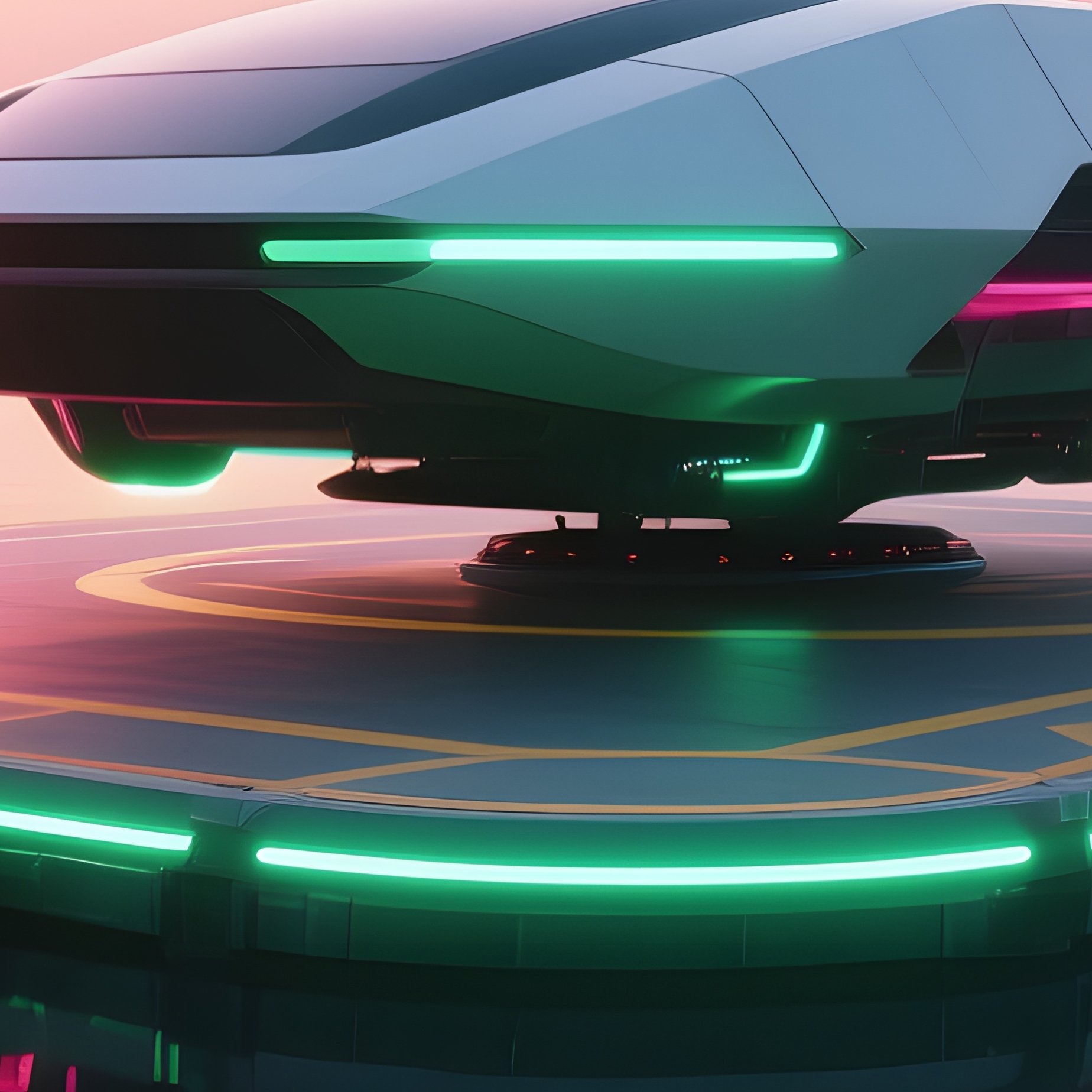 A Futuristic Hovercraft Dock At Sunrise, Landing Pads Surrounded By Glowing Pop‑Art Lilies In - Full Resolution Quality Preview