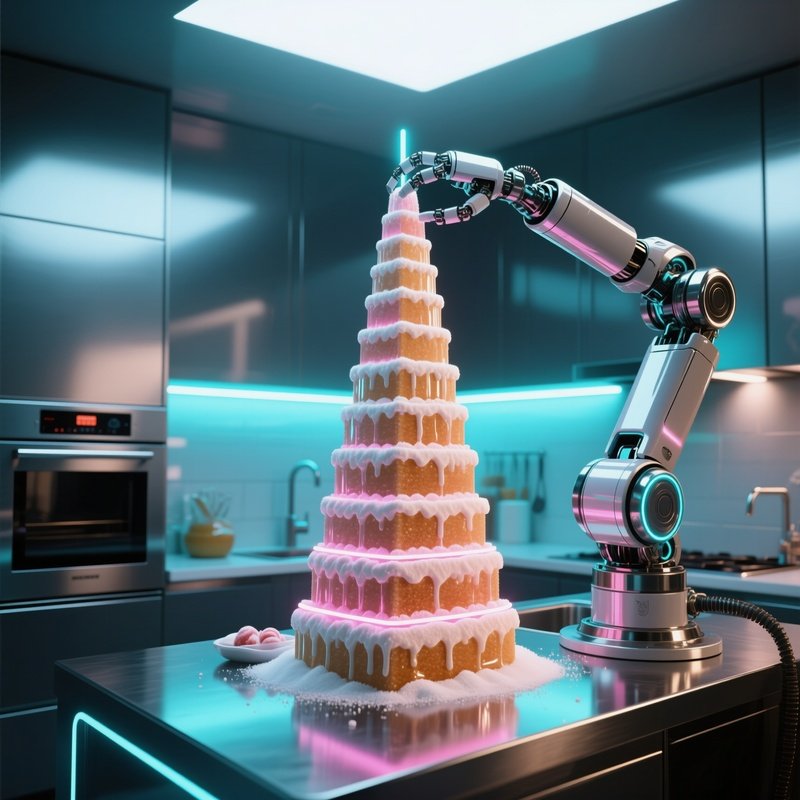 A Futuristic Kitchen With Sleek Metallic Surfaces Where A Robotic Arm Assembles A Towering Sugar