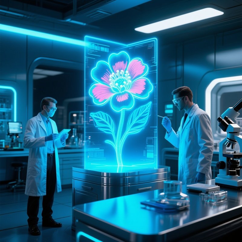 A Futuristic Laboratory Where Scientists Examine Holographic Pop‑Art Flowers Projected In 3D, Neon