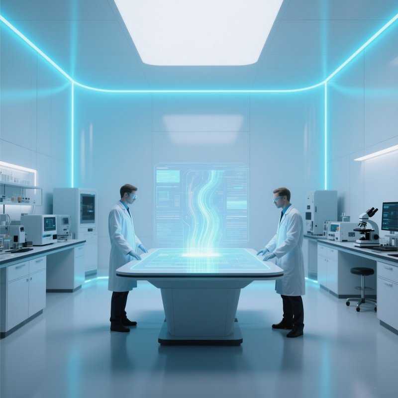 A Futuristic Laboratory With Sterile White Walls, Soft Blue Led Strips Outlining Equipment, And A